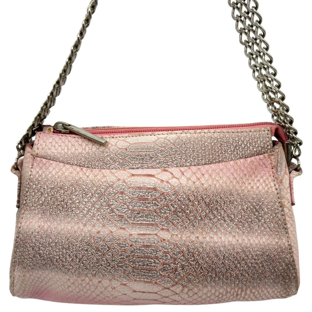 Perlina Metallic Pink Snakeskin Leather Chain Shoulder Bag Y2K Italy Small Purse